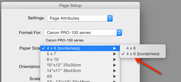 Borderless LR Mac Choose Paper Size