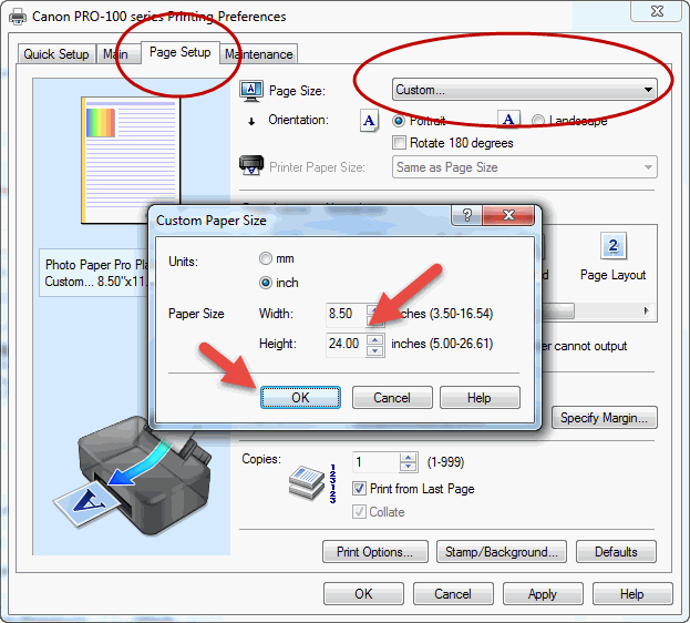 Canon Paper Size Settings