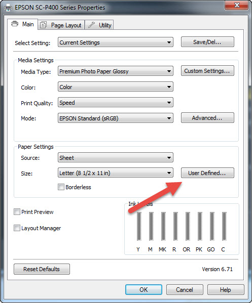 Click User Defined Size