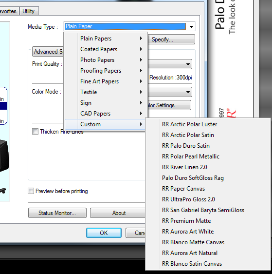 Custom Media Selection in Printer Driver