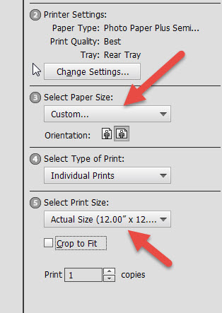 Custom Size, Select Size, Actual Size