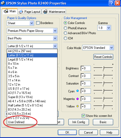 Setting up a custom user defined paper size for Epson with Lightroom Windows