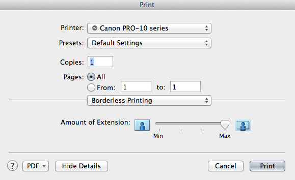 borderless print size canon pixam