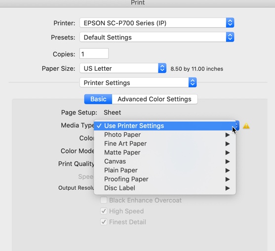 change printer preferences mac epson