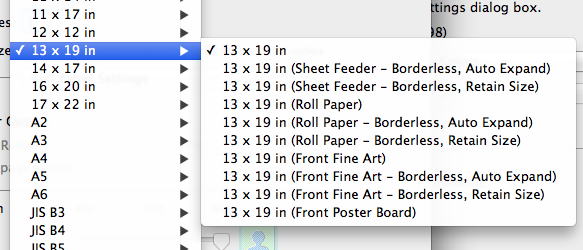 Paper Sizes Menu