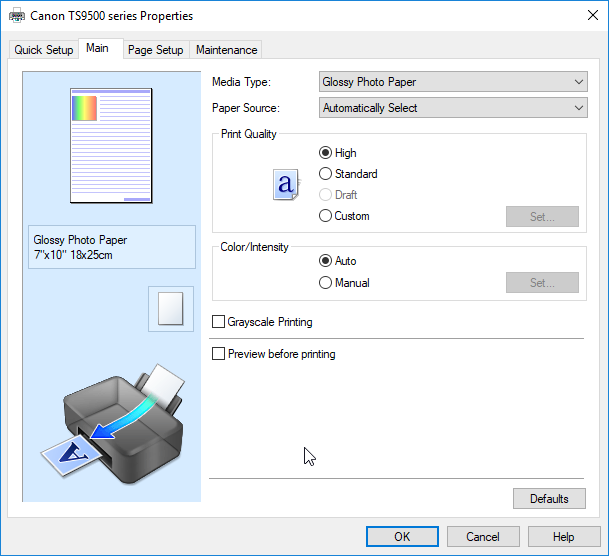 Selecting Settings on the Paper Tab