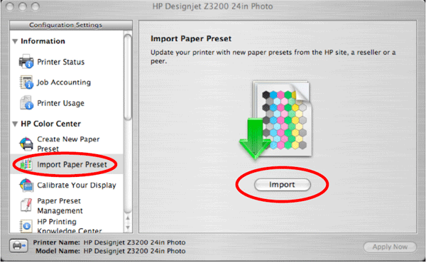 Import Paper Preset inside the HP Color Center